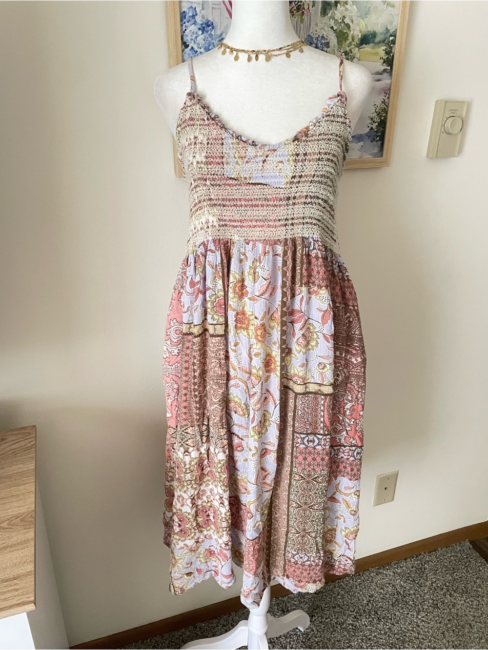 Karlie Bohemian Patchwork Smocked Knee Length Mini Dress in Size Large